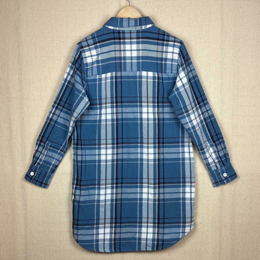 OUTERKNOWN Blanket Shirt Dress Organic Cotton Long Shacket Blue Plaid NWT - Picture 2 of 13